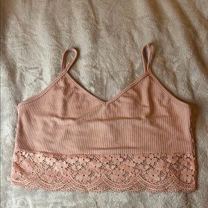 SHEIN Ribbed Cami with Lace Trim in Soft Pink